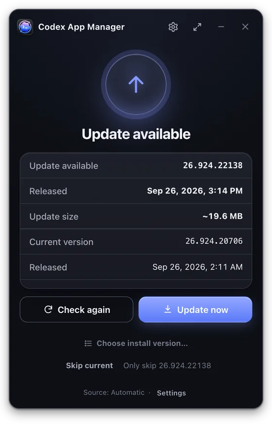 Codex App Manager: a new version is available, delta update of about 19.6 MB