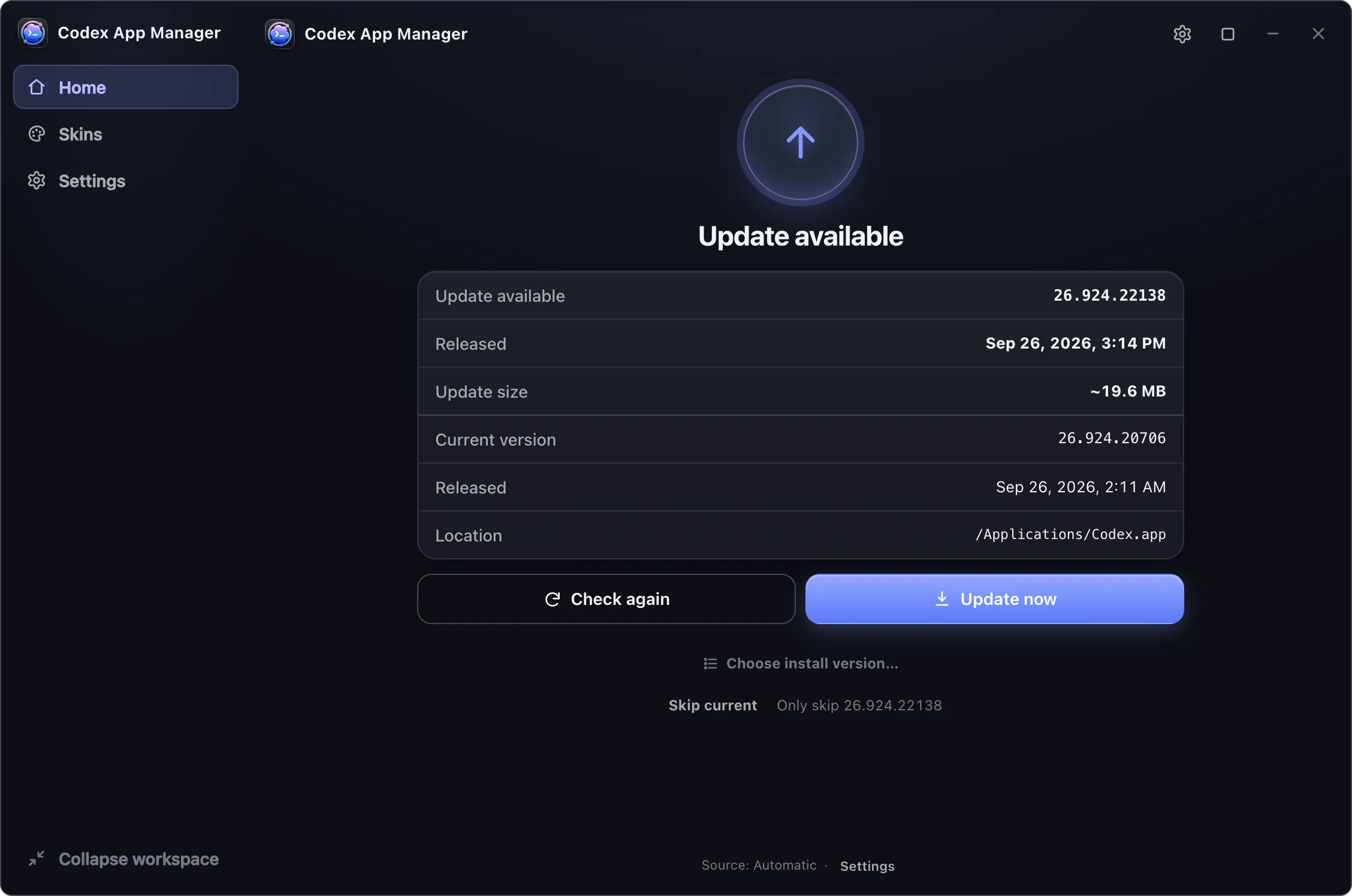 Codex App Manager workbench showing the new version, update size, current version and install location